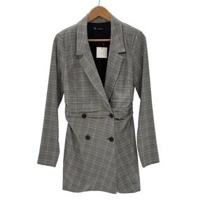 New Zara Blazer Dress Mini Women Medium Long Sleeve Double Breasted Gray Plaid